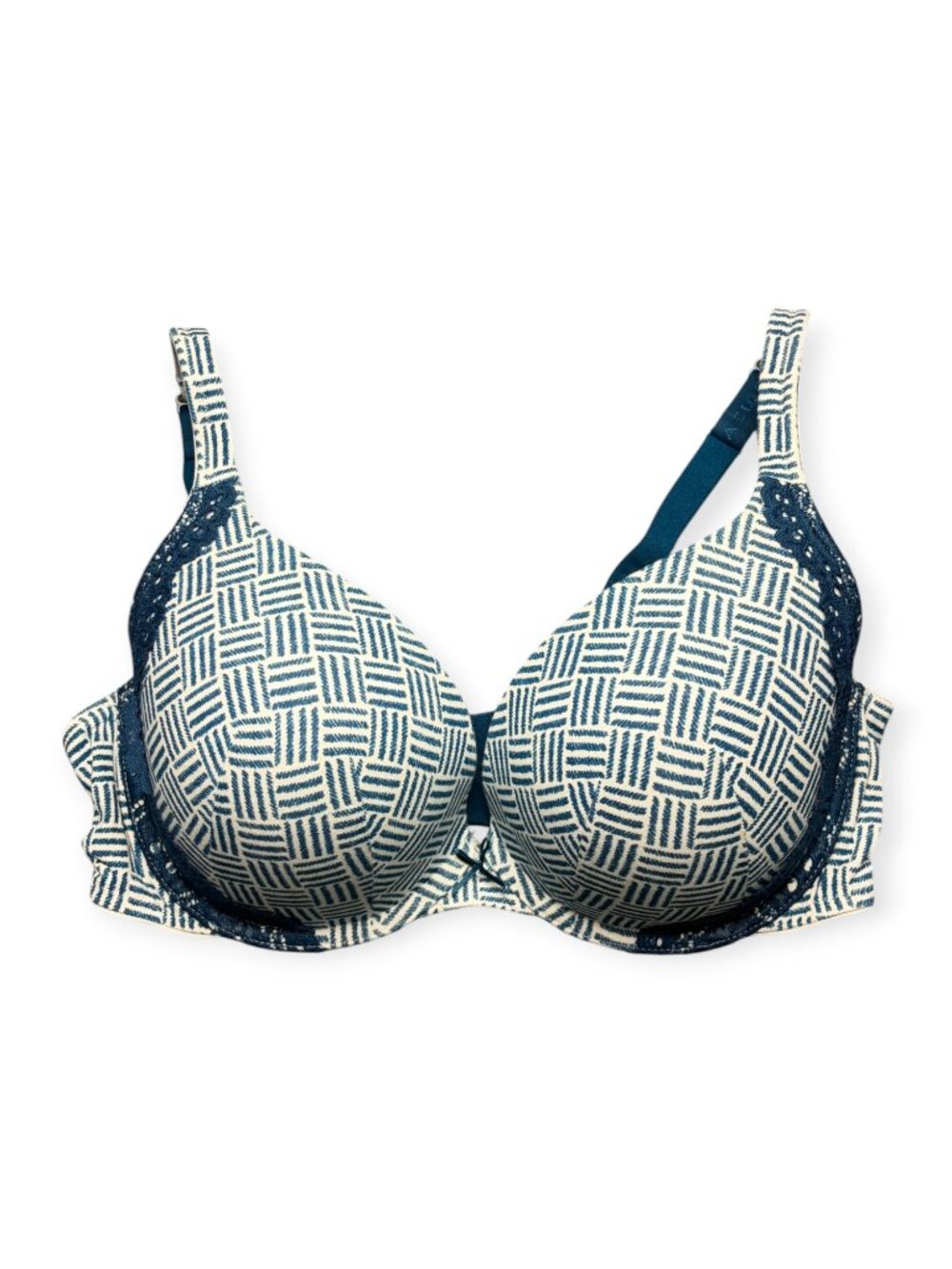 Cacique Size 40DD Bra Boost Plunge Padded Underwire Lace Blue White Printed